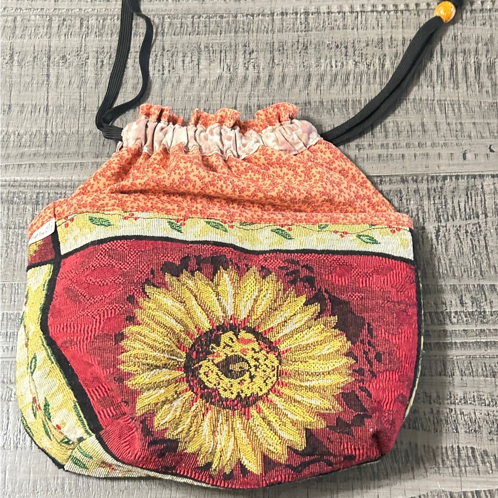 Sunflower Patterned Drawstring Pouch Bag - Red An… - image 1